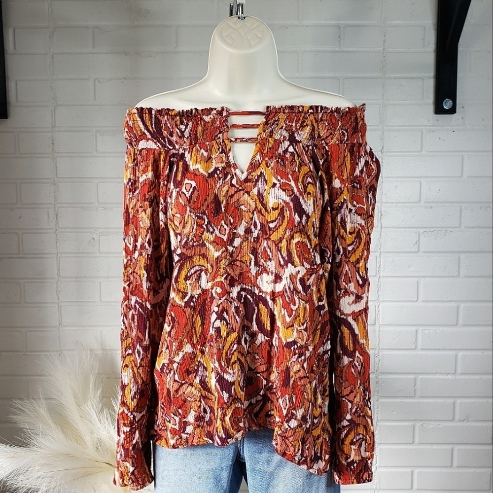 Buckle Black Strappy Wide Neck Off the Shoulder Top Orange Maroon size Small